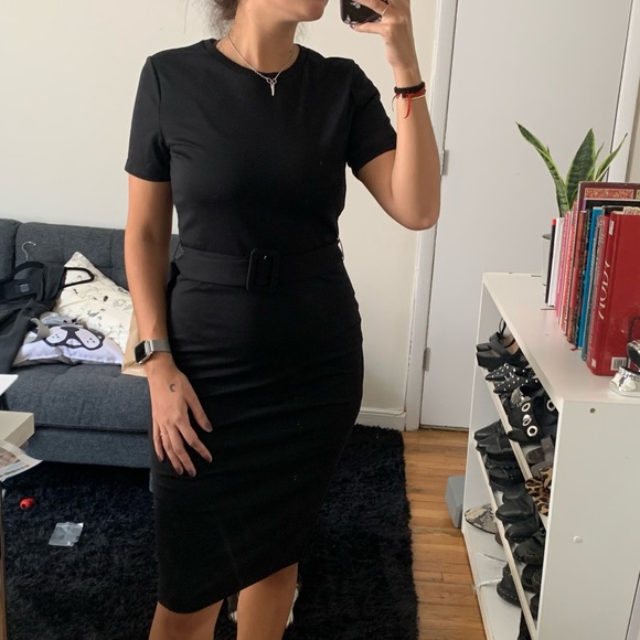 Zara • Black MIDI Body Con Dress w/ Waist Belt M - Picture 1 of 5